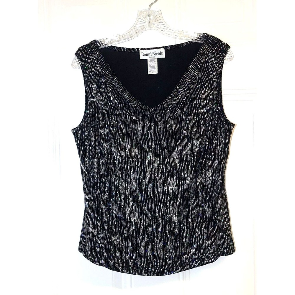 Y2K 90s Top Size L Ronni Nicole Slinky Sparkly Stretch Knit Drape Cowl Neck Tank